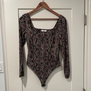 Babaton Brown and Cream Snake-Print Long Sleeve Bodysuit